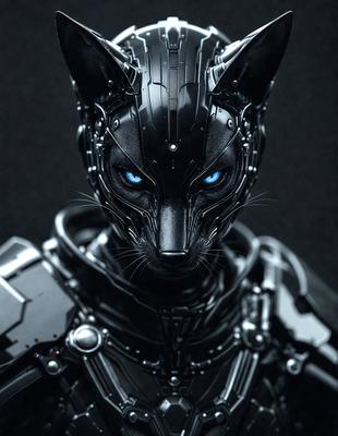 The primary subject of the image is a futuristic robotic cat with blue eyes. The robotic cat is the main focus of the image, and it is set against a dark background. The visual style of the image is digital art, as it appears to be a computer-generated or digitally manipulated image. The dominant colors in the image are black and blue, giving the robotic cat a sleek and futuristic appearance.